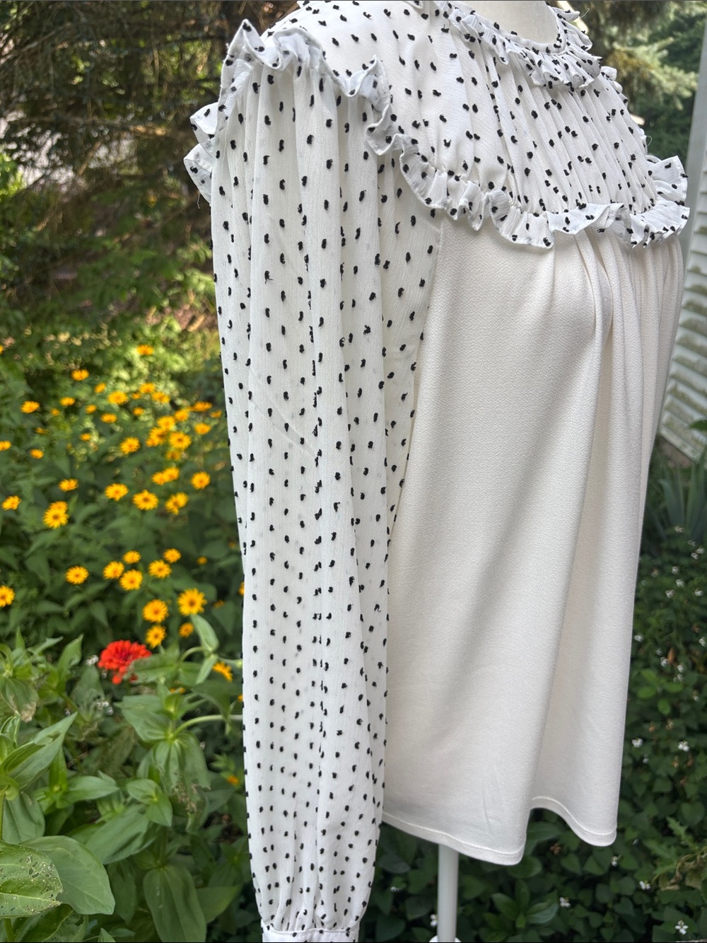 Pleated Ruffle Yoke Mixed Media Polka Dot Long Sleeve Blouse 👚 So Cute!